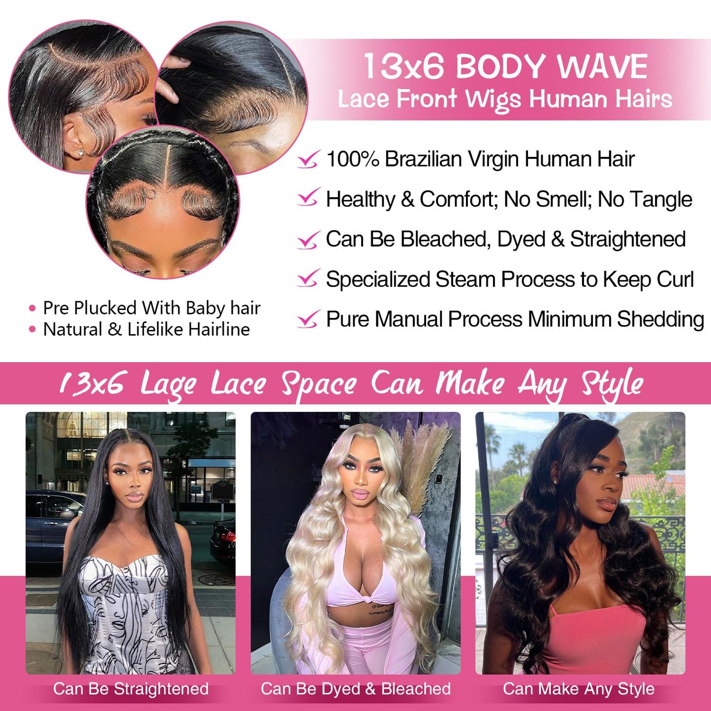 13x6 Lace Front Wigs Human Hair Pre Plucked 200% Density Body Wave HD Lace Front Wigs Human Hair Transparent Frontal Glueless Wigs Virgin Human Hair for Women Natural Black