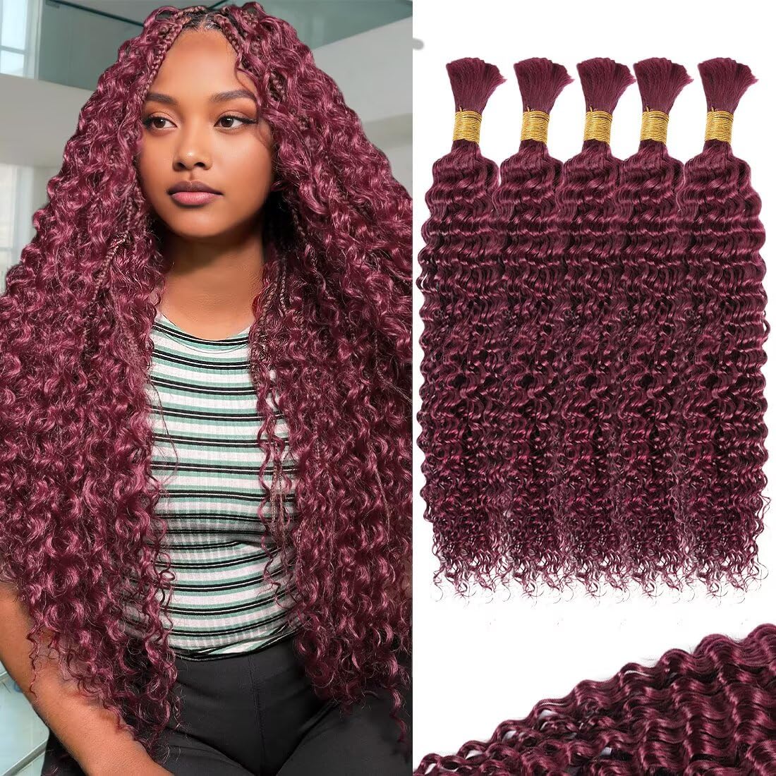 99j Red Burgundy 100% Human Braiding Hair for Boho Braids Braiding Knotless 12A Deep Wave Bulk Bohemian