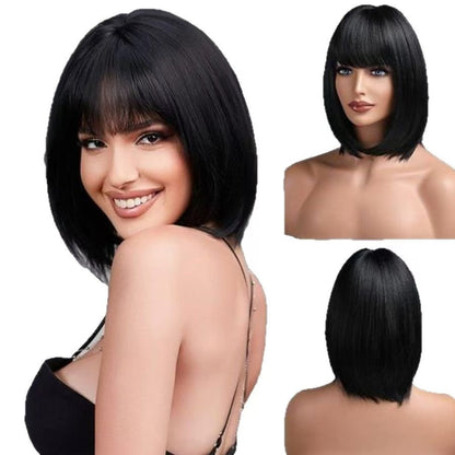 Short Bob Wigs Human Hair 8-14 Inch Glueless Wear and Go Bob Wig With Bangs Human Hair Wigs Brazilian Straight Hair No Lace Front Natural Black Wig