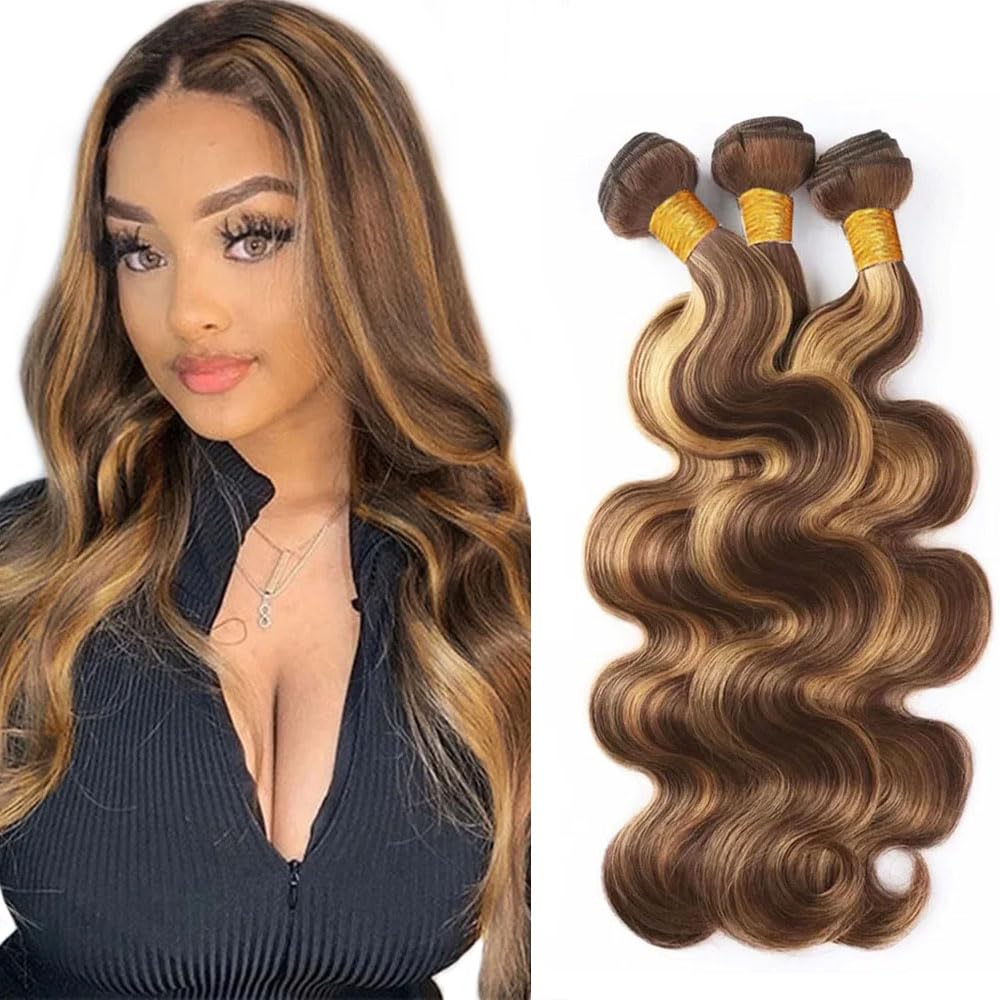 Ombre Highlight Body Wave Bundles Human Hair 12A Honey Blonde P4/27 Human Hair Body Wave 14~28 inch 100% Unprocessed Brazilian Virgin Hair Bouble Weft Natural Weave