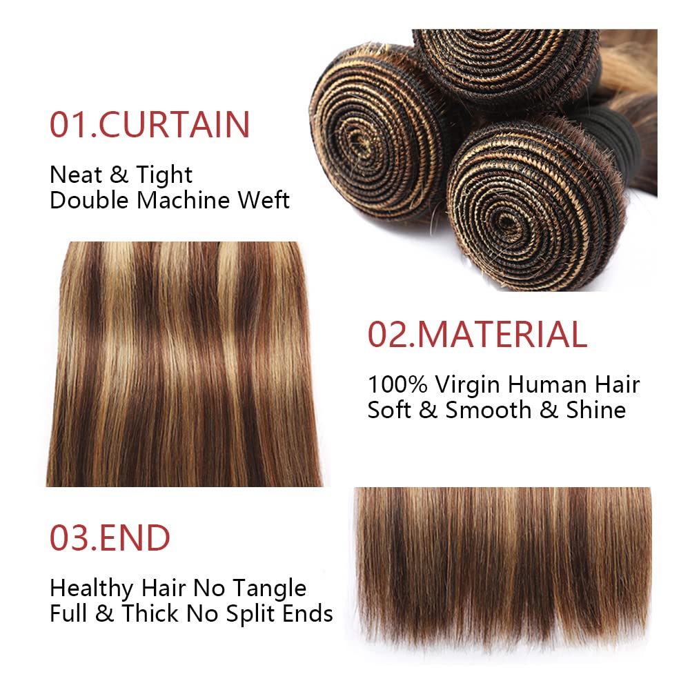P4/27 Highlight Straight Bundle Brown And Honey Blonde Human Hair Brazilian Unprocessed Virgin Hair Extensions For Women Piano Color 14~28 Inch