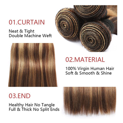 P4/27 Highlight Straight Bundle Brown And Honey Blonde Human Hair Brazilian Unprocessed Virgin Hair Extensions For Women Piano Color 14~28 Inch