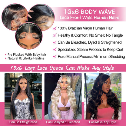 13x6 Lace Front Wigs Human Hair Pre Plucked 200% Density Body Wave HD Lace Front Wigs Human Hair Transparent Frontal Glueless Wigs Virgin Human Hair for Women Natural Black