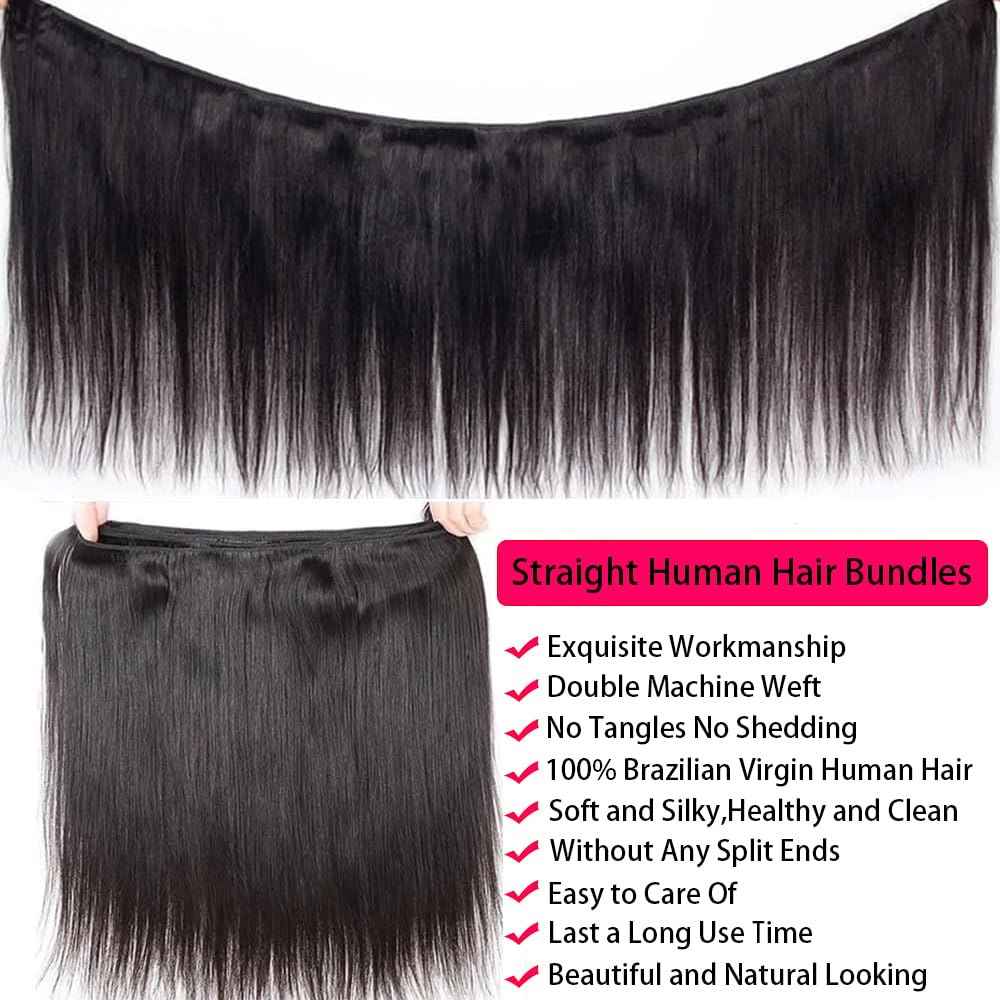 Human Hair Bundles Straight 12-28 Inch 100% Unprocessed Brazilian Virgin Hair Weave Silky Black Hair for Black Women