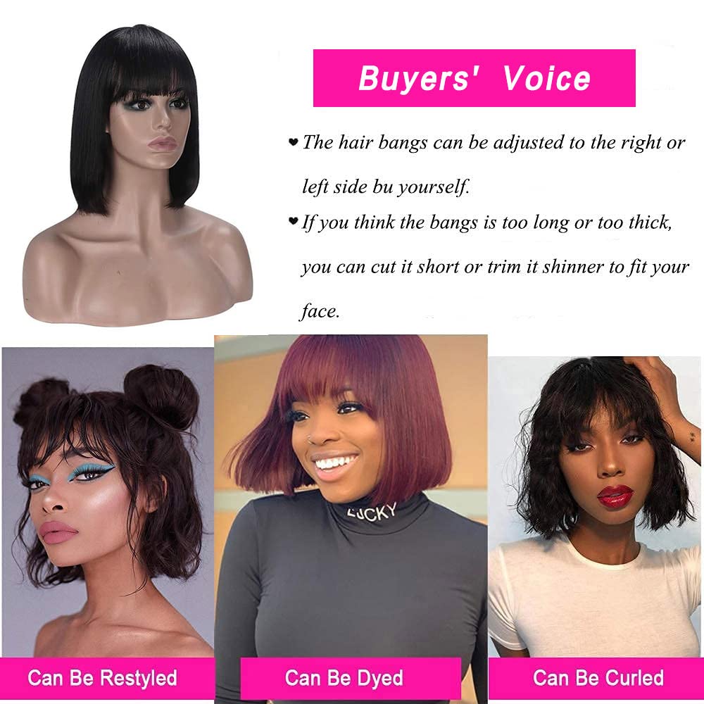 Short Bob Wigs Human Hair 8-14 Inch Glueless Wear and Go Bob Wig With Bangs Human Hair Wigs Brazilian Straight Hair No Lace Front Natural Black Wig