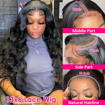 13x6 HD Lace Front Wigs Human hair Pre Plucked 180 Density 12A Brazilian Body Wave Frontal Wigs Human Hair with Baby Hair Natural Hairline Natural Black Color