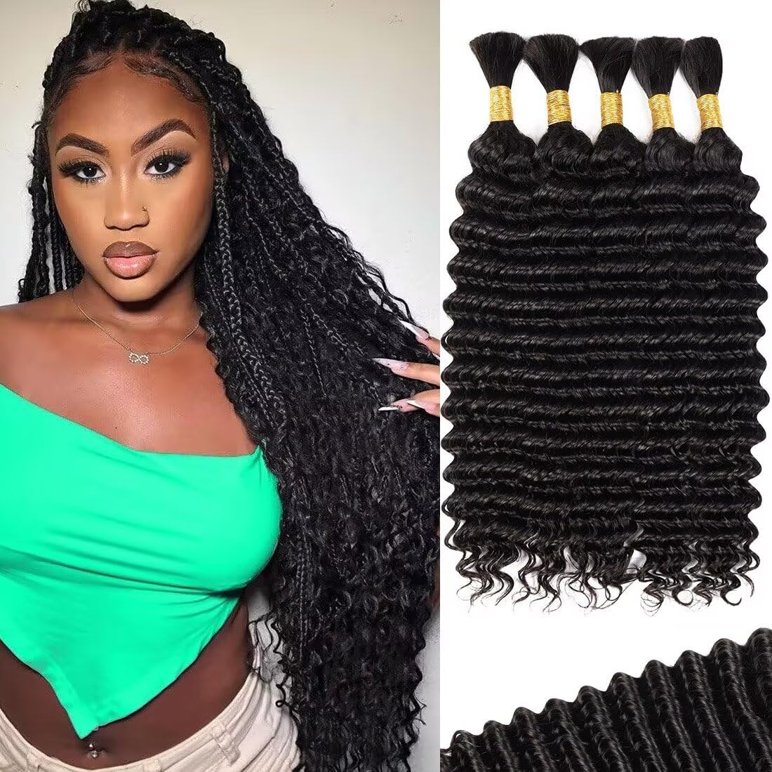 100% Human Braiding Hair for Boho Braids Braiding Knotless 12A Deep Wave Bulk Bohemian Natural Black