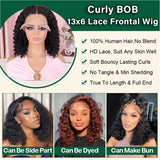 Curly BOB Wig Human Hair 200 Denaity 13x6 HD Lace Front Deep Wave Wigs for Black Women Glueless Wear and Go Pre Plucked Deep Wave Wet and Wavy Glueless Wigs Human Hair Natural Color 6~16 Inch