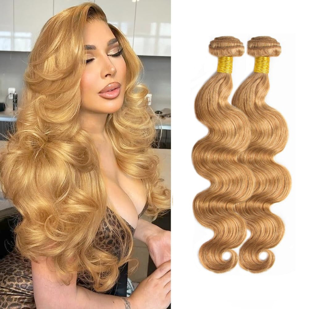 Honey Blonde Bundles Human Hair Brazilian #27 Colored Body Wave Bundles 12A Grade 100% Unprocessed Hair Weft(14~28 Inch)