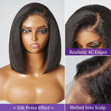 4C Kinky Edges Lace Front Bob Wig 6~16'' Short Kinky Straight Human Hair Wig Glueless Deep Side Parted Lace Bob Wig with Natural Hairline For Women