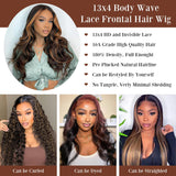 13x4 1B/30 Body Wave Lace Front Wigs Human Hair Pre Plucked HD Lace Frontal Highlight Wig 180% Density Glueless Wigs