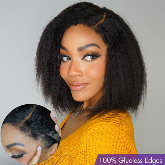 4C Kinky Edges Lace Front Bob Wig 6~16'' Short Kinky Straight Human Hair Wig Glueless Deep Side Parted Lace Bob Wig with Natural Hairline For Women