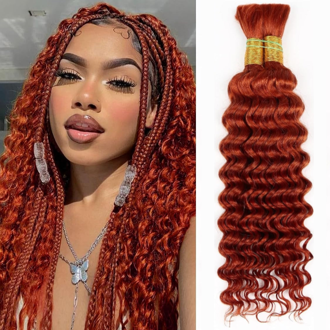 350 Dark Ginger 100% Human Braiding Hair for Boho Braids Braiding Knotless 12A Deep Wave Bulk Bohemian