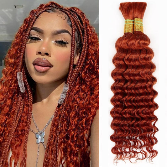 350 Dark Ginger 100% Human Braiding Hair for Boho Braids Braiding Knotless 12A Deep Wave Bulk Bohemian