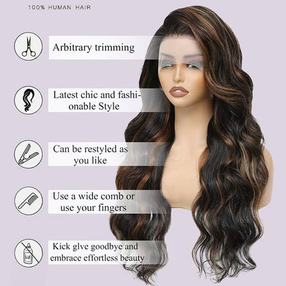13x4 1B/30 Body Wave Lace Front Wigs Human Hair Pre Plucked HD Lace Frontal Highlight Wig 180% Density Glueless Wigs