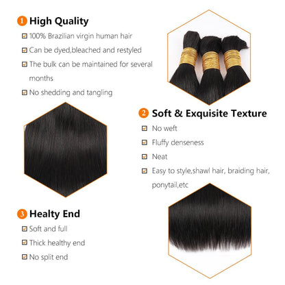 Human Braiding Hair for Boho Braids 16~26'' Straight Bulk Human Hair Extensions for Braiding No Weft Brazilian Virgin Human Hair