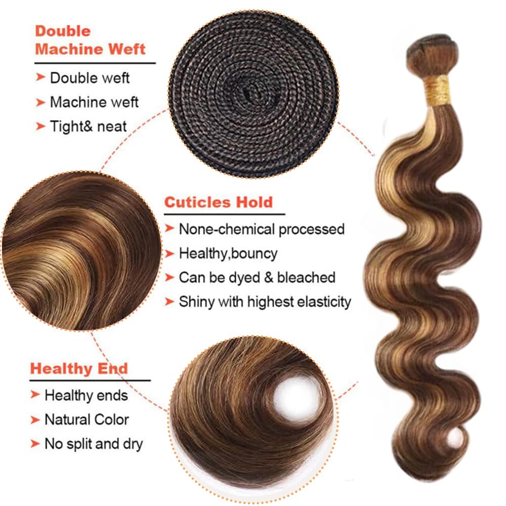 Ombre Highlight Body Wave Bundles Human Hair 12A Honey Blonde P4/27 Human Hair Body Wave 14~28 inch 100% Unprocessed Brazilian Virgin Hair Bouble Weft Natural Weave