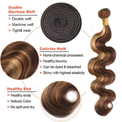 Ombre Highlight Body Wave Bundles Human Hair 12A Honey Blonde P4/27 Human Hair Body Wave 14~28 inch 100% Unprocessed Brazilian Virgin Hair Bouble Weft Natural Weave
