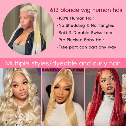 16~26 Inch 613 Lace Front Wig Human Hair 13X4 Blonde Straight HD Transparent Lace Frontal Wigs Human Hair Pre Plucked with Baby Hair 180% Density Blonde Glueless Wigs Human Hair