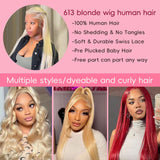 16~26 Inch 613 Lace Front Wig Human Hair 13X4 Blonde Straight HD Transparent Lace Frontal Wigs Human Hair Pre Plucked with Baby Hair 180% Density Blonde Glueless Wigs Human Hair