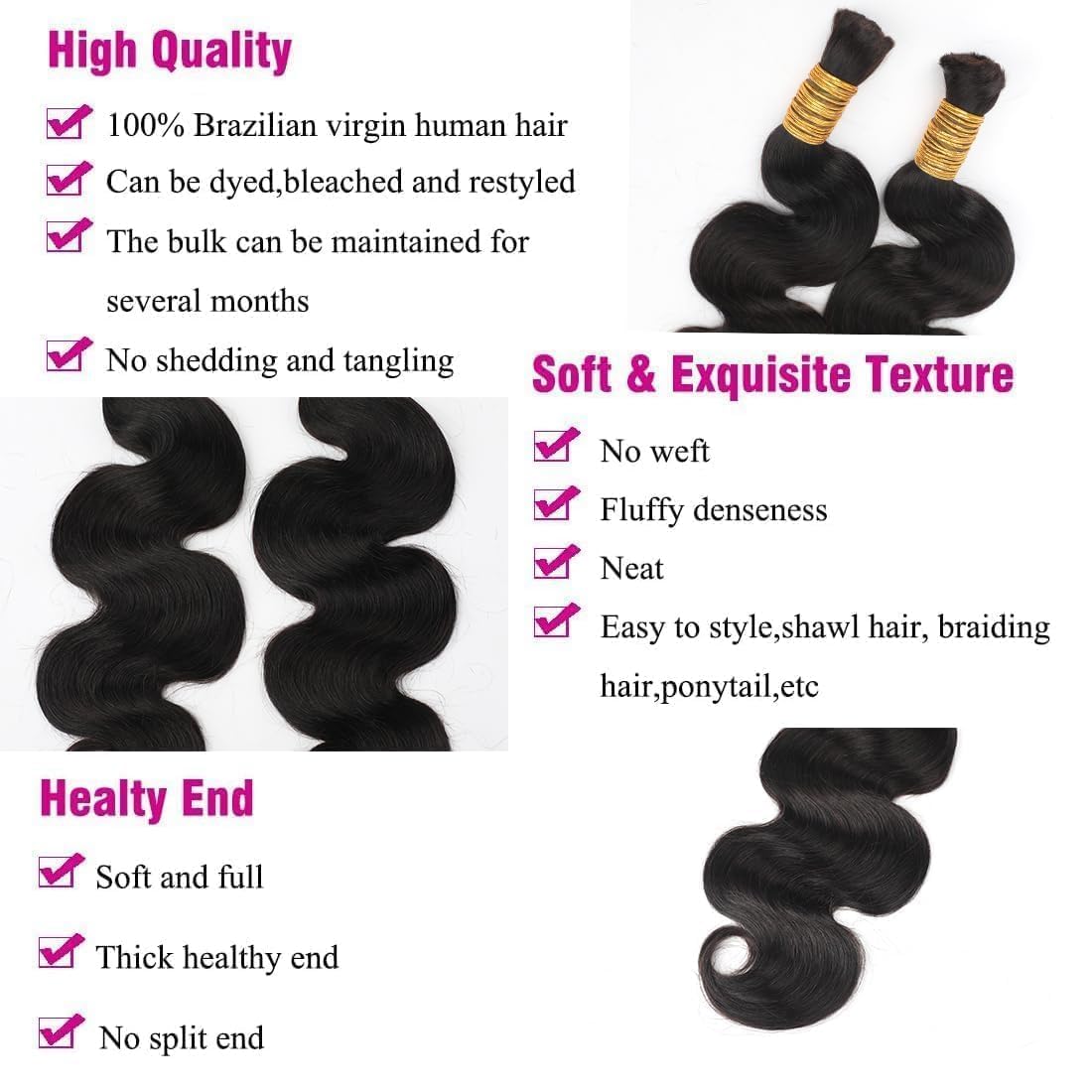 Human Braiding Hair Body Wave Bulk Human Hair for Braiding No Weft 12A Brazilian Virgin Curly Human Hair Extensions for Boho Braids 100% Remy Human Hair Extensions