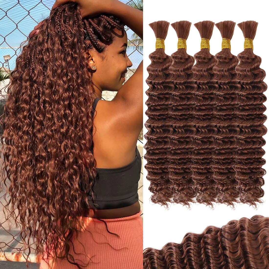 100% Brown Human Braiding Hair for Boho Braids Braiding Knotless 12A Deep Wave Bulk Bohemian Color30