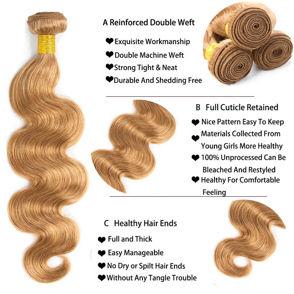 Honey Blonde Bundles Human Hair Brazilian #27 Colored Body Wave Bundles 12A Grade 100% Unprocessed Hair Weft(14~28 Inch)
