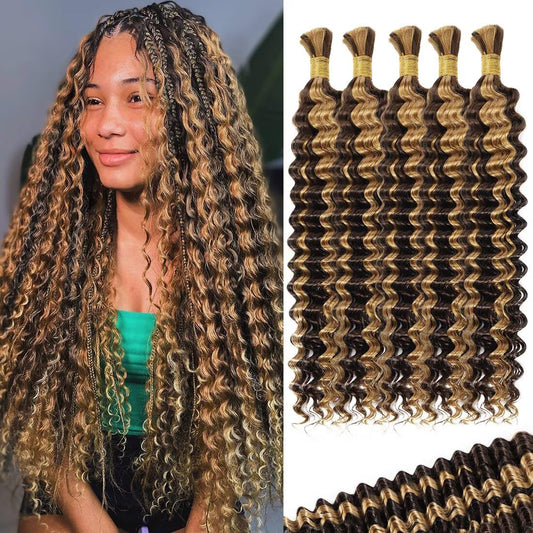 100% Human Braiding Hair for Boho Braids Braiding Knotless 12A Deep Wave Bulk Bohemian P4/27