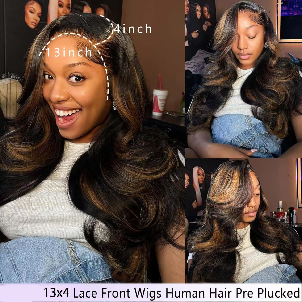 13x4 1B/30 Body Wave Lace Front Wigs Human Hair Pre Plucked HD Lace Frontal Highlight Wig 180% Density Glueless Wigs