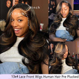 13x4 1B/30 Body Wave Lace Front Wigs Human Hair Pre Plucked HD Lace Frontal Highlight Wig 180% Density Glueless Wigs