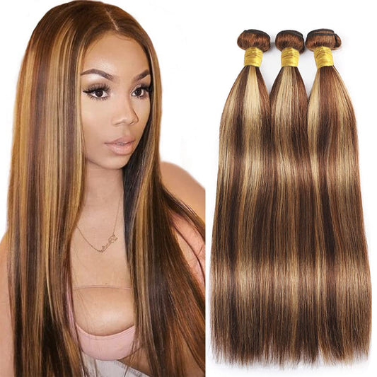 P4/27 Highlight Straight Bundle Brown And Honey Blonde Human Hair Brazilian Unprocessed Virgin Hair Extensions For Women Piano Color 14~28 Inch