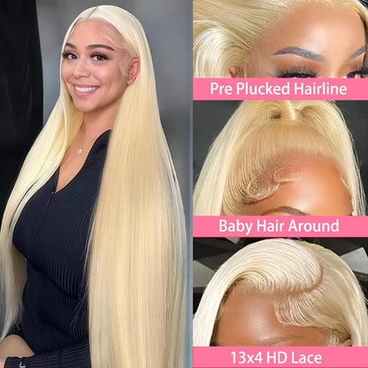 16~26 Inch 613 Lace Front Wig Human Hair 13X4 Blonde Straight HD Transparent Lace Frontal Wigs Human Hair Pre Plucked with Baby Hair 180% Density Blonde Glueless Wigs Human Hair