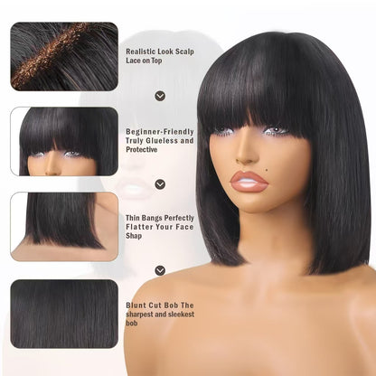 Short Bob Wigs Human Hair 8-14 Inch Glueless Wear and Go Bob Wig With Bangs Human Hair Wigs Brazilian Straight Hair No Lace Front Natural Black Wig