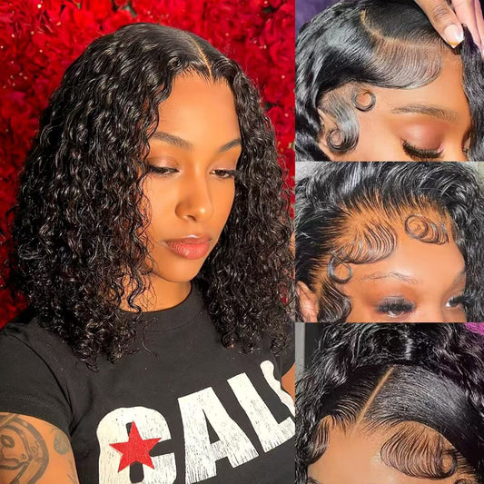 Curly BOB Wig Human Hair 200 Denaity 13x6 HD Lace Front Deep Wave Wigs for Black Women Glueless Wear and Go Pre Plucked Deep Wave Wet and Wavy Glueless Wigs Human Hair Natural Color 6~16 Inch