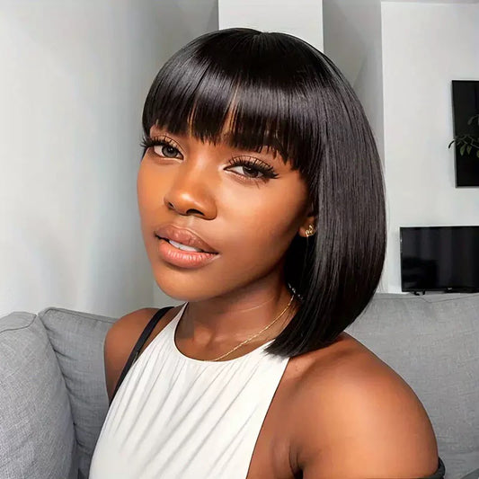 Short Bob Wigs Human Hair 8-14 Inch Glueless Wear and Go Bob Wig With Bangs Human Hair Wigs Brazilian Straight Hair No Lace Front Natural Black Wig