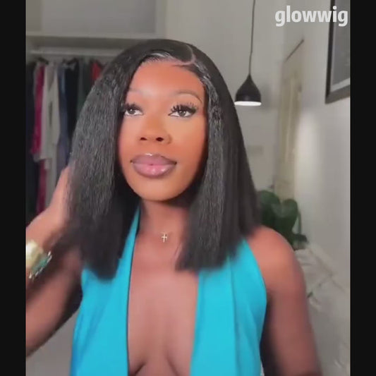 4C Kinky Edges Lace Front Bob Wig 6~16'' Short Kinky Straight Human Hair Wig Glueless Deep Side Parted Lace Bob Wig with Natural Hairline For Women